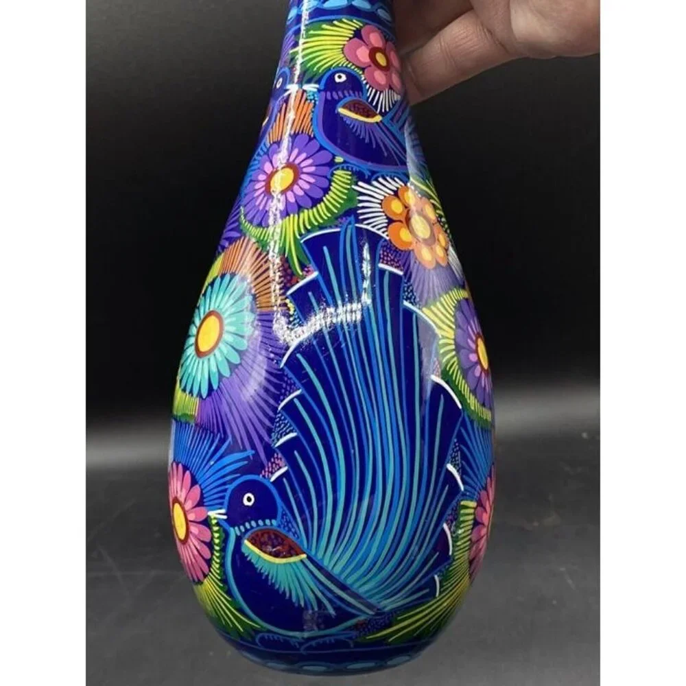 Talavera Bright Colors Birds by Rufina Trujillo Tall Vase 12.25” Tall